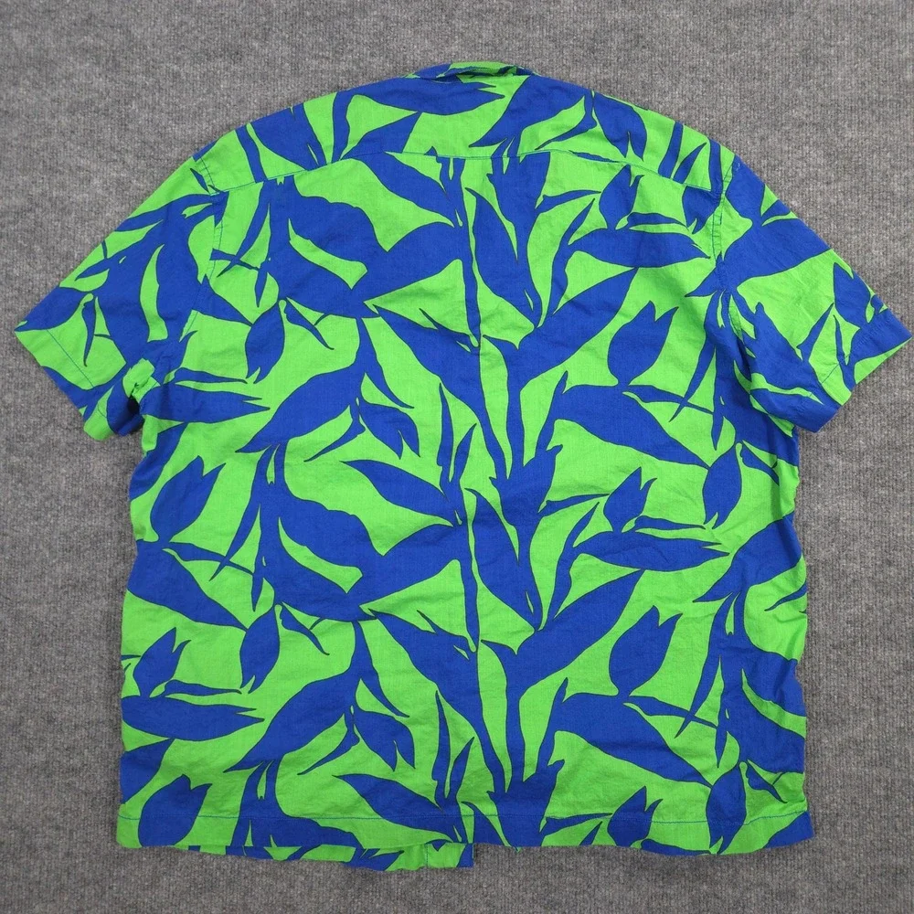 J Crew Camp Shirt Mens XXL Green Blue Floral AOP Slub Cotton Loop Collar Resort